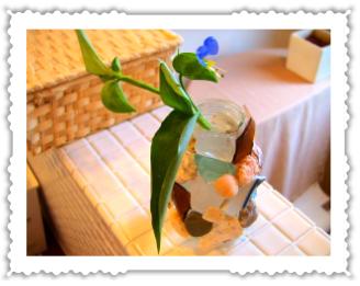 シーグラスの花瓶と露草