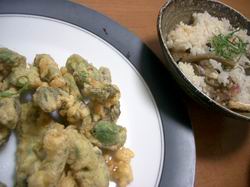 タラの芽の天ぷら　ゼンマイご飯