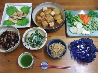 玄米”彩”食ー３７　姿煮大根の煮汁煮と三色豆のひじきとソラマメ