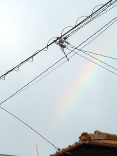 雨上がり、屋根の上に虹。