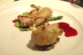 ウズラのロースト　フランジェリコ風味の赤ワインソース