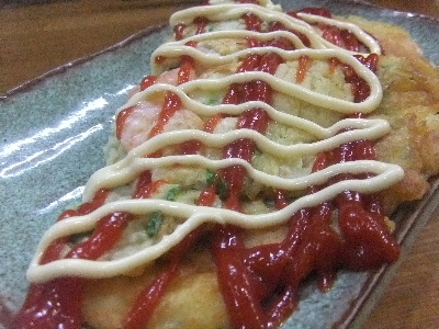 立石　居酒屋　さくらい　小海老のお好み焼き