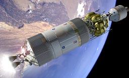 月着陸船を載せたロケットの先にアポロ宇宙船のような有人探査船を軌道上でドッキングさせ、月や火星に向かう（想像図）＝ＮＡＳＡ提供