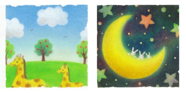 キリンの散歩と月うさぎ（パステル和アート） | ☆Atelier de couleurs 