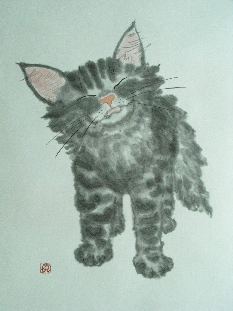 Etsu Inoue My cat Chibi 10x13 Japanese black ink $200.JPG