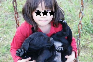 三女子犬を抱っこしてブランコに