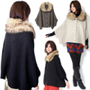 ボリュームファー衿付ドルマンスリーブポンチョ風カーディガン