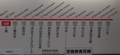 八潮駅は南流山駅から 240 円、筑波駅から 900 円