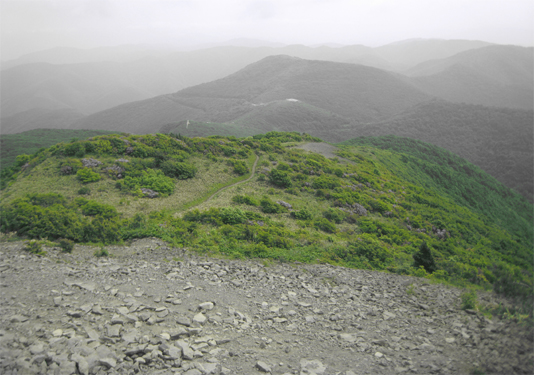 大将旗山から、登ってきたごれいびつ峠を望む