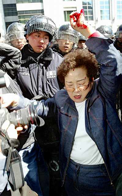日本大使館まで指を切って抗議する朝鮮人。