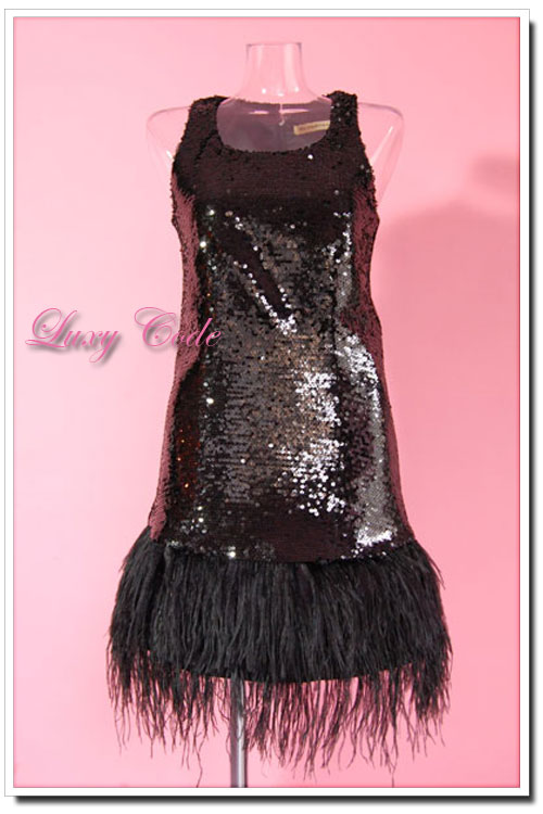 【Luxy Codeラグジーコード】Gorge Sequinスパンコールミニドレスワンピース裾オーストリッチファー黒 | 結婚式 ドレス