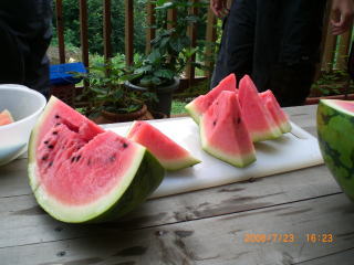 デッキでスイカ