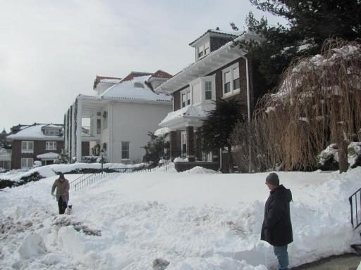 雪に埋もれた住宅街と歩道