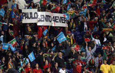 Spectators display a banner supporting Portugals new head coach Paulo Bento during their Euro 2012 group H qualifying soccer match against Denmark.jpg