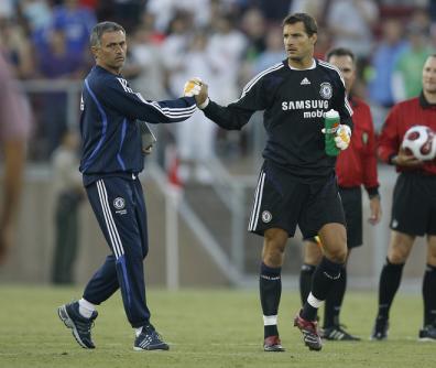 Jose Mourinho congratulates Carlo Cudicini after beating Club America for the Disney Friendship Cup football match at Stanford Stadium in Palo Alto.jpg