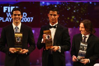 Kaka and Cristiano Ronaldo and Lionel Messi pose with their awards during the FIFA World Player of The Year Gala 2007 at the Zurich Opera House.jpg