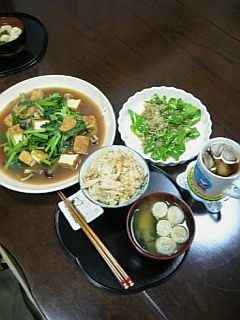 071206厚揚げと小松菜のしっとり煮浸し ピーマンのじゃこ炒め 炊き込みご飯