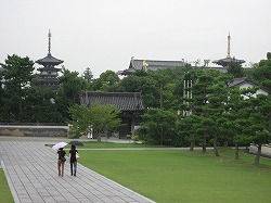 北側の玄奘伽藍から見た薬師寺白鳳伽藍