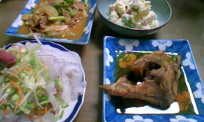 煮魚・赤玉葱のサラダ・ポテトサラダ・ゴーヤと豚三枚肉の味噌炒め