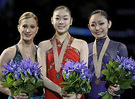 世界フィギュアで優勝した韓国の金妍児（中央）と３位の安藤(右)