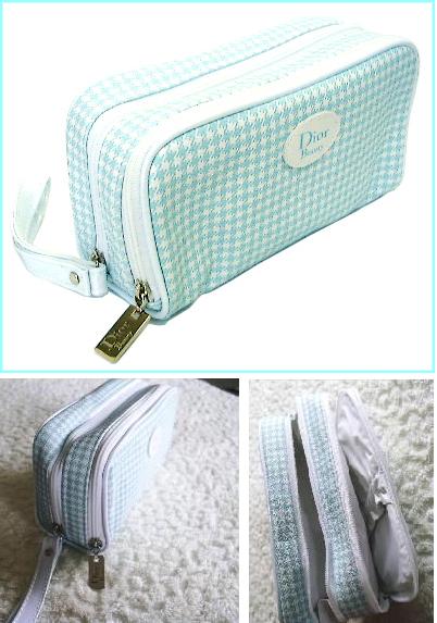Dior Wファスナー 海外限定ポーチ（千鳥格子 水色×白）◆