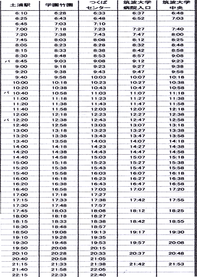 祝日つくば方面バス時刻表