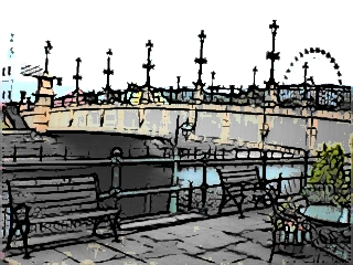 町並み・橋のかかった河