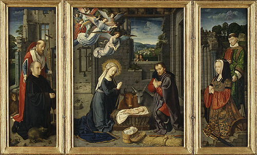 Gerard David_The Nativity with Donors and Saints Jerome and Leonard, ca. 1510