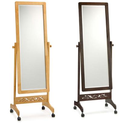 彫刻欄間風装飾柄をあしらった移動輪付き姿見　　　白木こげ茶　（ 画像小）