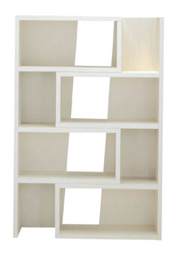 斜めカットデザインがついた白いフラップ式オープンラック型収納家具(4段) (画像中)