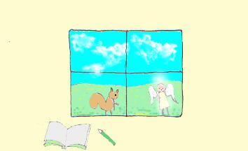 窓の天使とリス