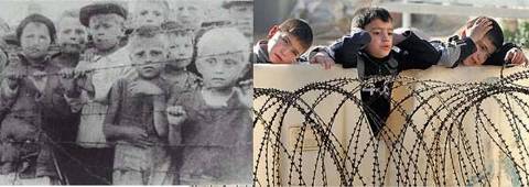 フェンスから外をのぞく子供たち