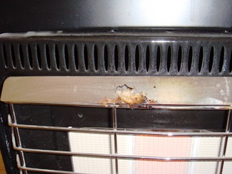 ストーブに張り付いた羽毛