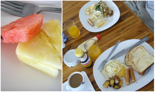 ワタシはトースト。夫は御飯＆麺、少々ポン酢がけ(笑