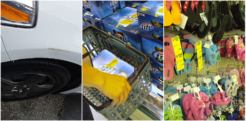 左) レンタカー車まわりチェック!OK!! 中) とりあえず12本チェック!OK!! 右) とりあえず海用サンダルチェック!OK!!