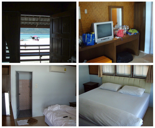 上左)入り口～上右)テレビ♪片付け前につきグチャグチャ～下左)奥がシャワー＆洗面＆WC～下右)キングベット～