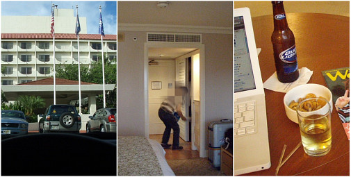 左) ヒルトン到着 中) ナニワナクテモビールを冷やす１番大切 右) ラウンジで友を待つ