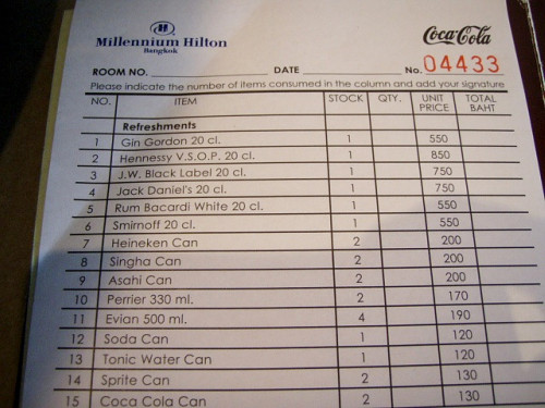 ミニバーのお値段