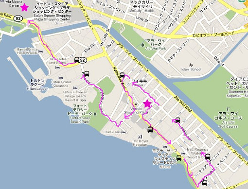 ワイキキの景色を眺めながら約30分間でアラモアナSCへ