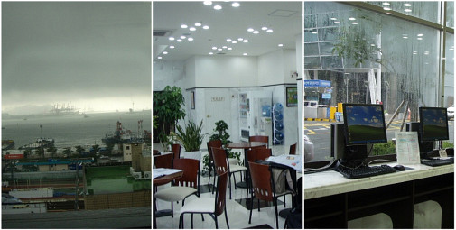 左) 部屋の窓からの景色 中) １階ロビー 右) フリーPC(外は釜山駅)