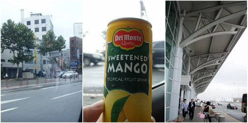 左) 8:20TAXIでホテル出発 中)自販機で買ったマンゴージュース 右) およそ25分で空港到着