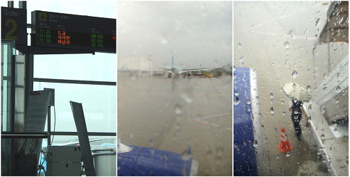 左) NW86２番搭乗口 中・右) バスで飛行機まで～大雨
