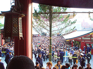 2007浅草寺へ初詣 3-本堂の階段上から下を振り返ると、人、人、人！