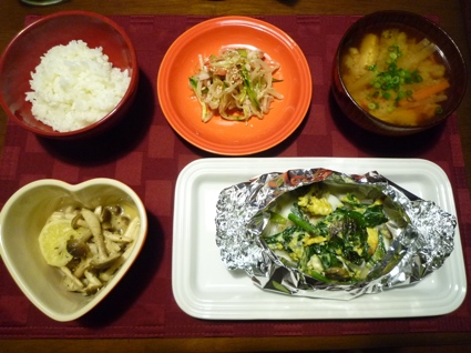 2011.11.01しめじのワイン煮＆マヨ卵ほうれん草ホイル焼＆もやしとカニかまのサラダ5