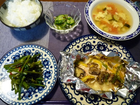 2010.8.25鮭の味噌マヨ焼&空芯菜の塩炒め＆トマトとズッキーニの卵スープ8