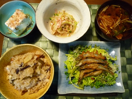 2010.6.03山菜ごはん＆もやしの和え物＆キビナゴ唐揚げ＆冷や奴3