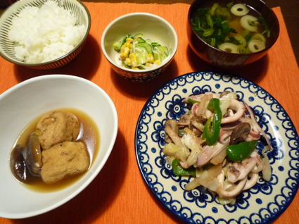 2011.10.20イカの味噌漬と野菜炒め＆がんも煮＆きゅうりとコーンのサラダ6