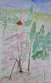 赤和観音と桜２００８水彩画.jpg