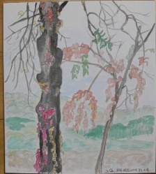 姨捨紅葉水彩画