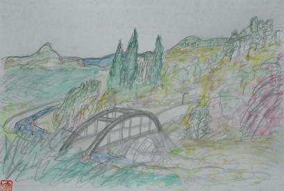 米子中道橋秋水彩画